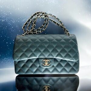 💕CHANEL Large Classic Double Flap CAVIAR Leather • DENIM Color • Silver-Tone HW